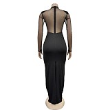 Fashion Solid Color Mesh Rhinestone Sheer Long-Sleeved Maxi Dress RS-8407