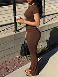 Casual Retro Brown Fitted High-Waisted Slimming Short-Sleeve Pants Set RS-391481