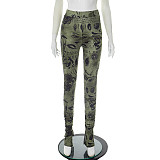 Spring/Summer Pattern Print High-Waisted Elastic Slim Fit Slit Ruffled Hem Casual Pants XYWL-25PT088