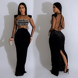 Fashion Solid Color Mesh Rhinestone Sheer Long-Sleeved Maxi Dress RS-8407