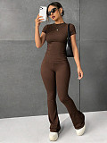 Casual Retro Brown Fitted High-Waisted Slimming Short-Sleeve Pants Set RS-391481