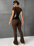 Casual Retro Brown Fitted High-Waisted Slimming Short-Sleeve Pants Set RS-391481