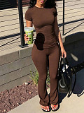 Casual Retro Brown Fitted High-Waisted Slimming Short-Sleeve Pants Set RS-391481