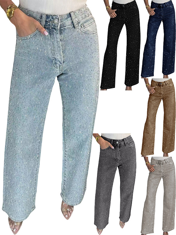 Diamond Washed Jeans Women High-waisted Straight Leg Pants XMOJ-8751