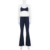 Casual Sporty Color Block Knit Halter Neck Suspender Pants Two-Piece Set MRA-48240