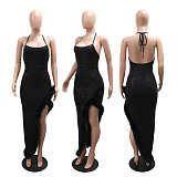 Sexy Sequined Fur-Trimmed High-Slit Camisole Dress CYA-902273