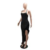 Sexy Sequined Fur-Trimmed High-Slit Camisole Dress CYA-902273