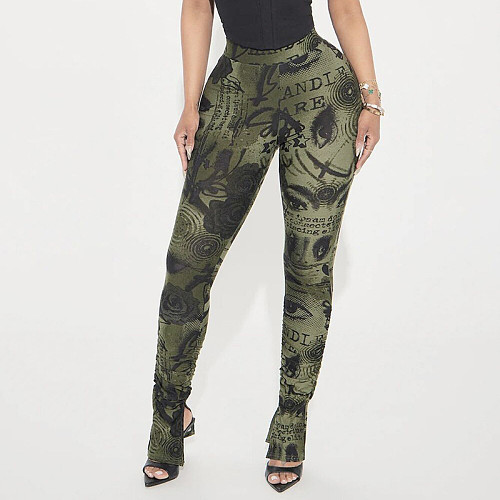 Spring/Summer Pattern Print High-Waisted Elastic Slim Fit Slit Ruffled Hem Casual Pants XYWL-25PT088