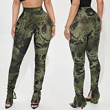 Spring/Summer Pattern Print High-Waisted Elastic Slim Fit Slit Ruffled Hem Casual Pants XYWL-25PT088
