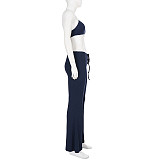 Casual Sporty Color Block Knit Halter Neck Suspender Pants Two-Piece Set MRA-48240