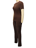 Casual Retro Brown Fitted High-Waisted Slimming Short-Sleeve Pants Set RS-391481