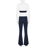 Casual Sporty Color Block Knit Halter Neck Suspender Pants Two-Piece Set MRA-48240