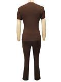 Casual Retro Brown Fitted High-Waisted Slimming Short-Sleeve Pants Set RS-391481