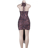 2026 Sexy Leopard Print V-Neck Halter Neck Mini Dress SUM-25484