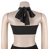 Sexy Solid Color Lace-up Halter Neck Bandeau Top Slim Fit Bodycon Shorts Set BY-7673