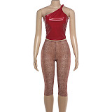 Leather Sleeveless Tight Tank Top Vest Knee Length Pants Set RS-K25S87070