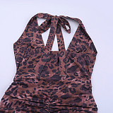 2026 Sexy Leopard Print V-Neck Halter Neck Mini Dress SUM-25484