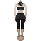 Sexy Solid Color Lace-up Halter Neck Bandeau Top Slim Fit Bodycon Shorts Set BY-7673