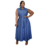 Fashion Solid Color Sleeveless Waist-cinching Shirt Dress NNWY-8170