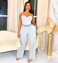 Fashionable Stretch Denim Sleeveless Bandeau Top and Pants Two-Piece Set YUNM-5315