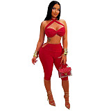 Sexy Solid Color Lace-up Halter Neck Bandeau Top Slim Fit Bodycon Shorts Set BY-7673