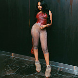 Leather Sleeveless Tight Tank Top Vest Knee Length Pants Set RS-K25S87070