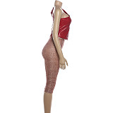 Leather Sleeveless Tight Tank Top Vest Knee Length Pants Set RS-K25S87070