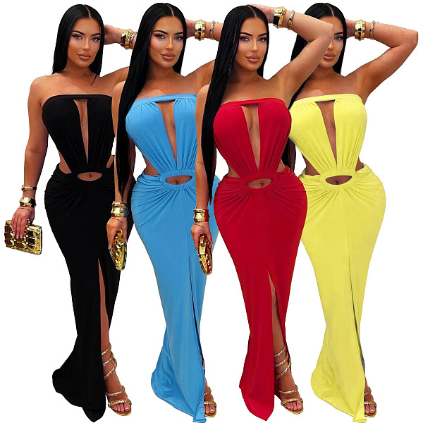 Fashionable Solid Color Sexy Backless Slit Strapless Dress YF-994