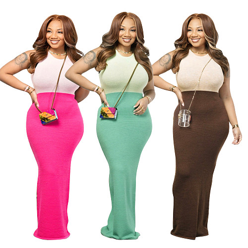 Casual Color-Blocked Sleeveless Knitted Long Dress TR-1357