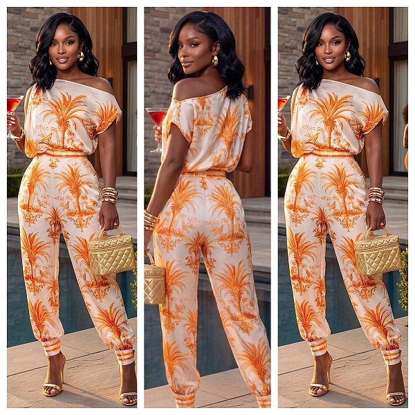 2026 Fashionable Casual Off-Shoulder Printed Sleeveless Two-Piece Set YD-8849