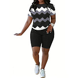 Fashionable and Unique Striped Print Crew Neck Short-Sleeve Shorts Set SHD-9699