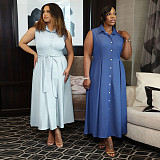 Fashion Solid Color Sleeveless Waist-cinching Shirt Dress NNWY-8170