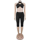 Sexy Solid Color Lace-up Halter Neck Bandeau Top Slim Fit Bodycon Shorts Set BY-7673