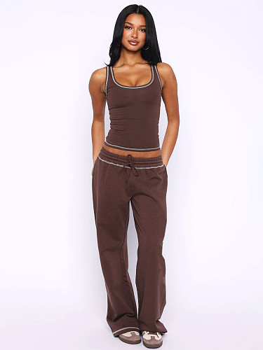 Solid Color Fashion Sports Vest High Waist Drawstring Straight Leg Pants Set RS-L341