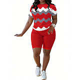 Fashionable and Unique Striped Print Crew Neck Short-Sleeve Shorts Set SHD-9699