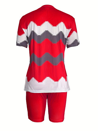Fashionable and Unique Striped Print Crew Neck Short-Sleeve Shorts Set SHD-9699