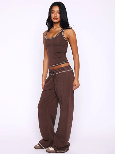Solid Color Fashion Sports Vest High Waist Drawstring Straight Leg Pants Set RS-L341