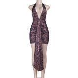 2026 Sexy Leopard Print V-Neck Halter Neck Mini Dress SUM-25484