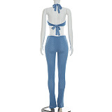 Sexy Hot Girl Solid Color Sheer Slim Fit Knitted Deep V Jumpsuit RS-26JP067