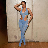 Sexy Hot Girl Solid Color Sheer Slim Fit Knitted Deep V Jumpsuit RS-26JP067