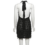 Sexy and Hot Halter Neck Backless Tie Deep V Bodycon Dress DLS-46899