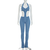 Sexy Hot Girl Solid Color Sheer Slim Fit Knitted Deep V Jumpsuit RS-26JP067