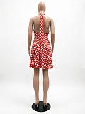 2026 Spring/Summer New Halter Neck Tie-up Backless Polka Dot Print Full Skirt Dress CM-60325