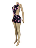 Fashionable Print Hollow-Out Tie-Waist Jumpsuit + Slim Fit Bodycon Shorts Two-Piece Set RS-26107
