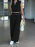 Casual Sleeveless Collared Top and High-Waisted Wide-Leg Pants Two-Piece Set RS-L321