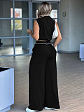 Casual Sleeveless Collared Top and High-Waisted Wide-Leg Pants Two-Piece Set RS-L321