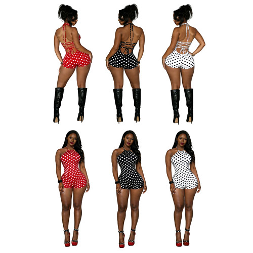 New Halter-Neck Backless Polka Dot Print Tie-Up Jumpsuit Shorts MEM-88689