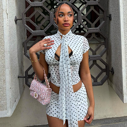 Sexy Polka Dot Print Halter Neck Strap Cropped Short-Sleeved Skirt Set JY-711875