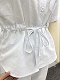 Casual Solid Color Collared Short-Sleeve Cardigan Shirt and Trousers Set QZ-6963