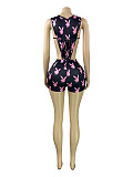 Fashionable Print Hollow-Out Tie-Waist Jumpsuit + Slim Fit Bodycon Shorts Two-Piece Set RS-26107
